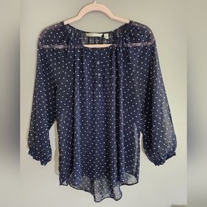 LC LAUREN CONRAD - L - NAVY BLUE AND WHITE - HEART PATTERN - SHEER BLOUSE